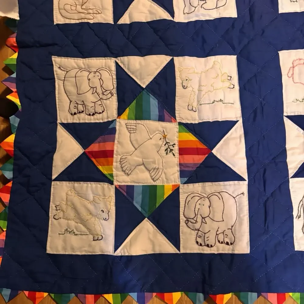 Handmade Noah’s Ark Animal Rainbow Embroidered Quilt Blanket 50x50 Vintage Style